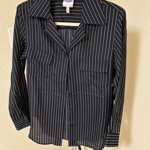 DG² by Diane Gilman Navy Pinstripe Button-Front Blouse Medium